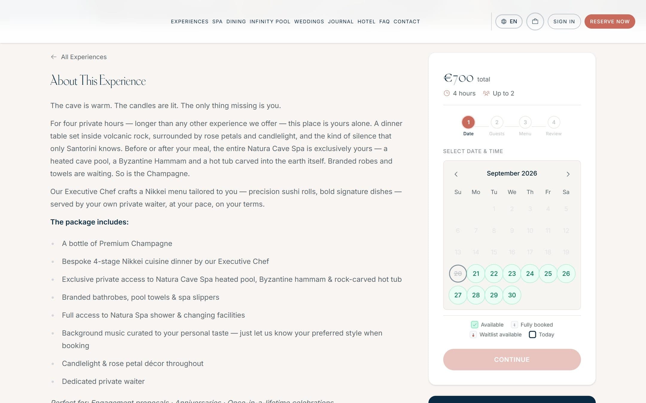 An experience page with a four-step booking panel and a calendar of available evenings.