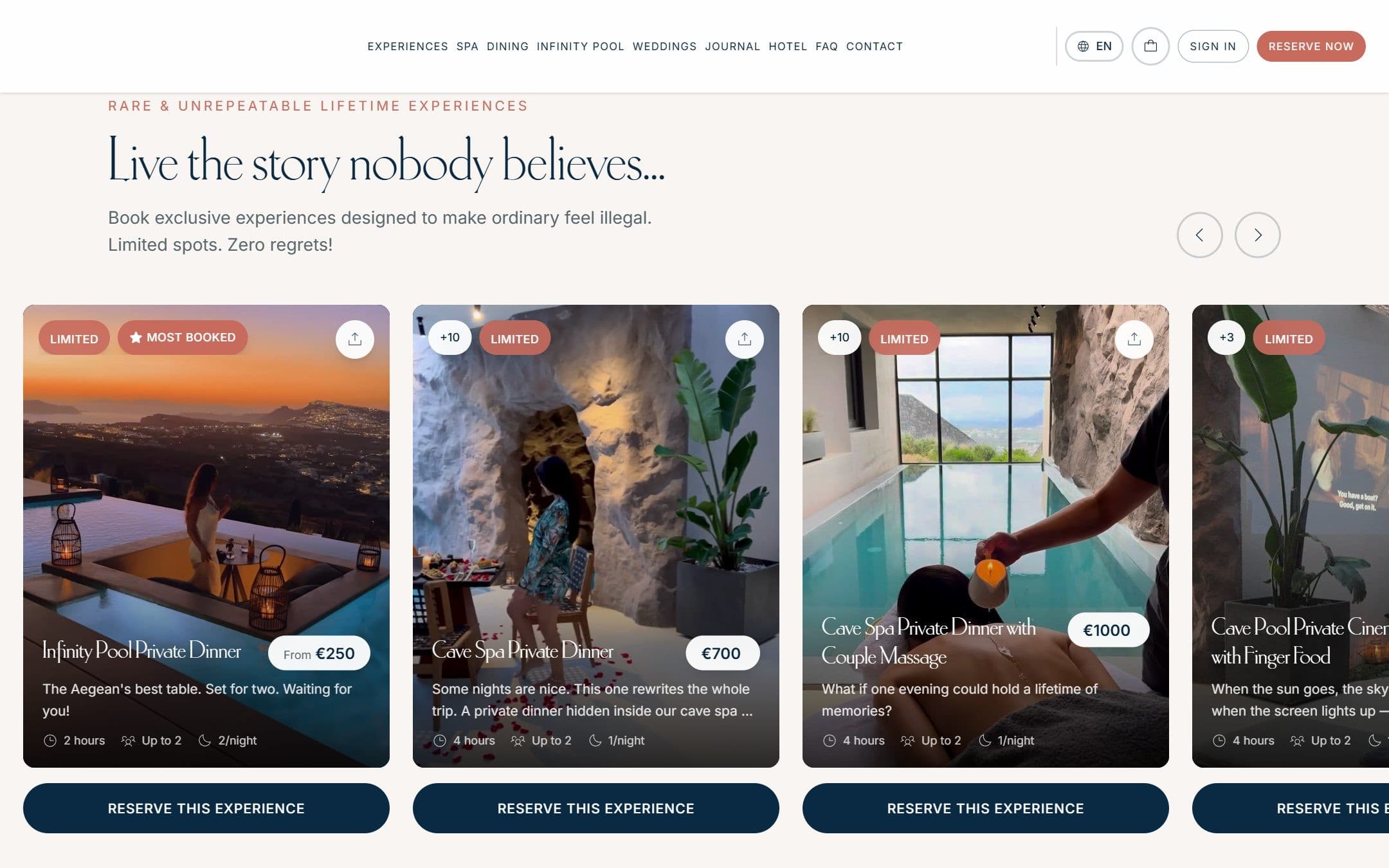 The experiences carousel: photo cards for the Infinity Pool Private Dinner, Cave Spa Private Dinner and others, each with price, duration and a reserve button.