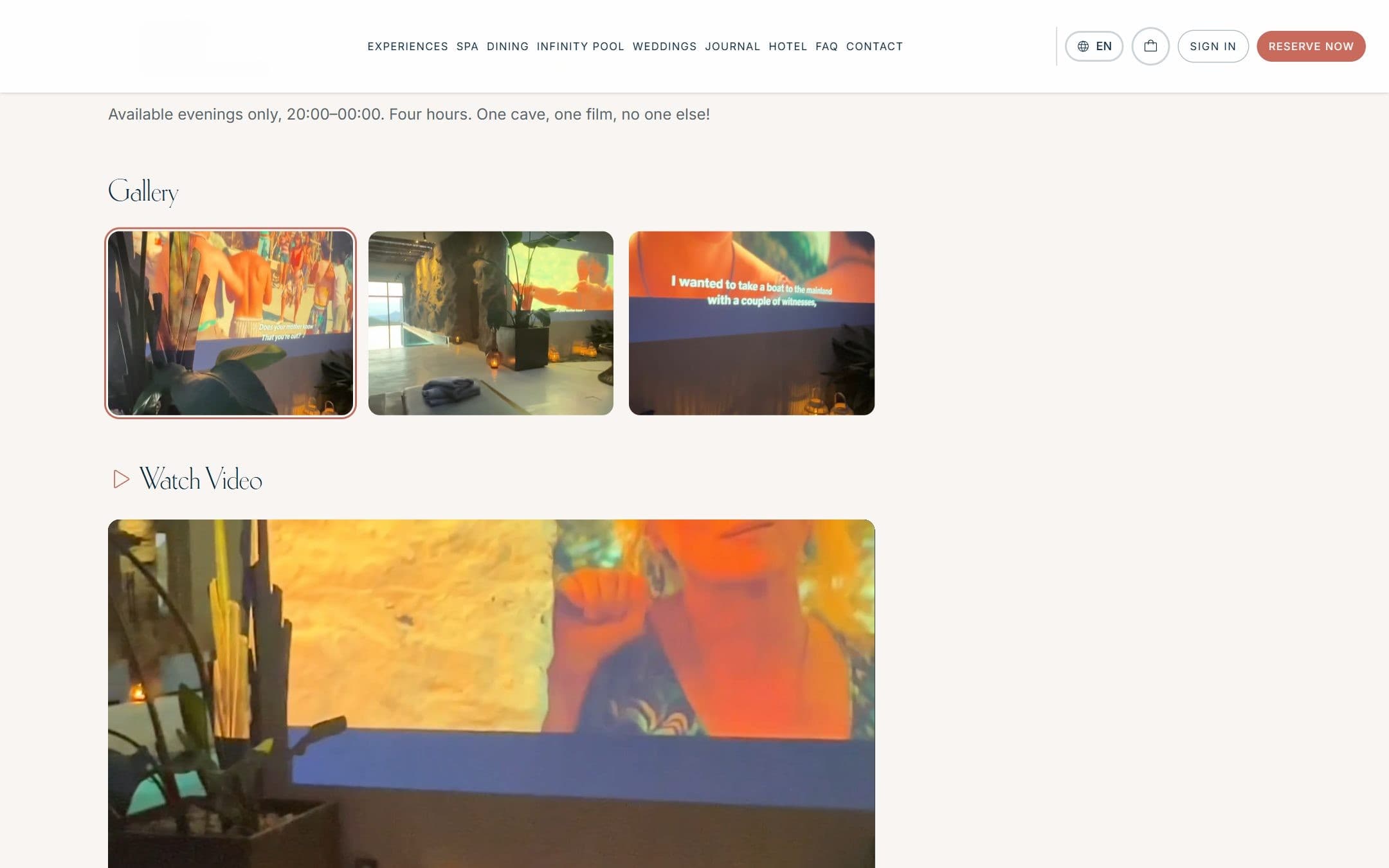 An experience page showing a photo gallery and a Watch Video player for the private cave cinema night.