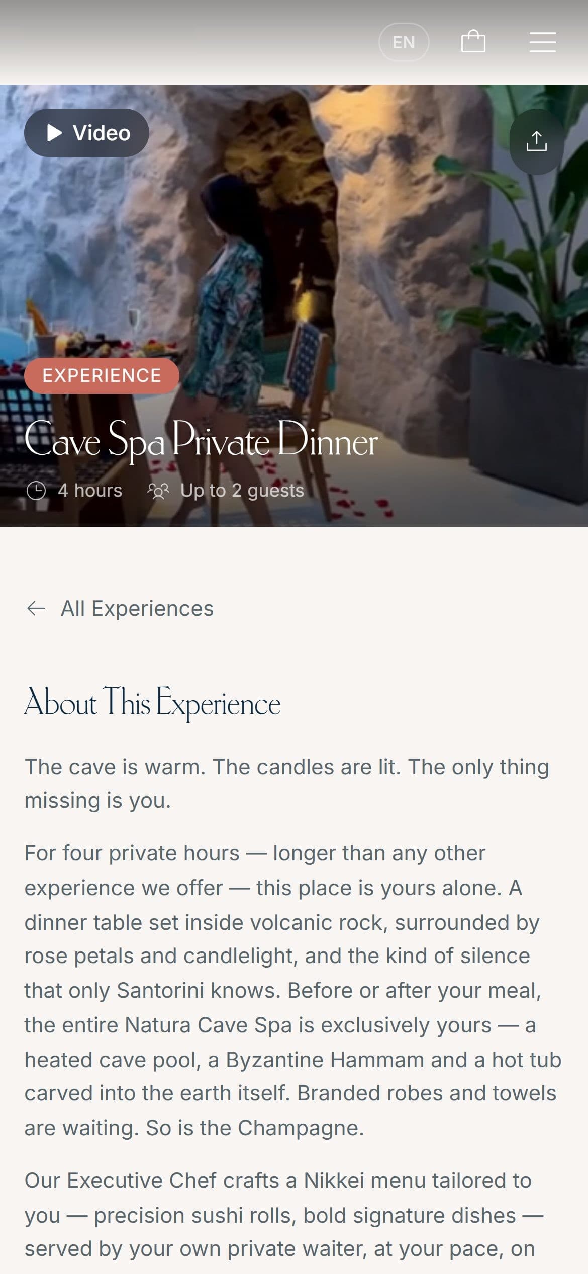 An experience page on a phone, with the price and reserve button pinned to the bottom.