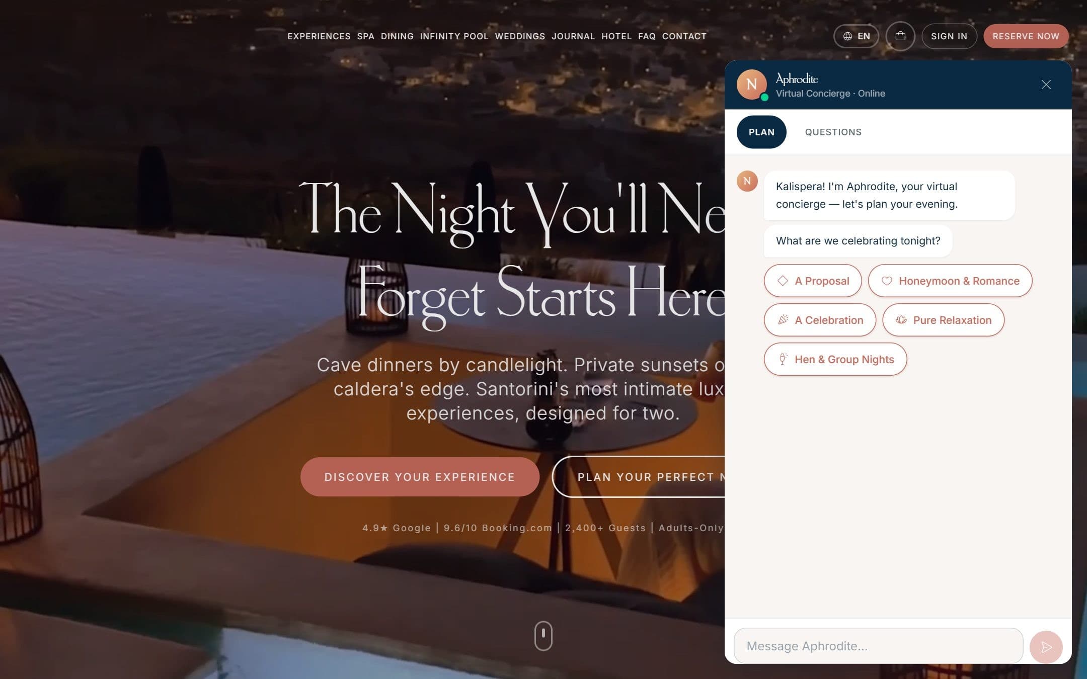 The Aphrodite virtual concierge panel open over the homepage, asking what the guest is celebrating.