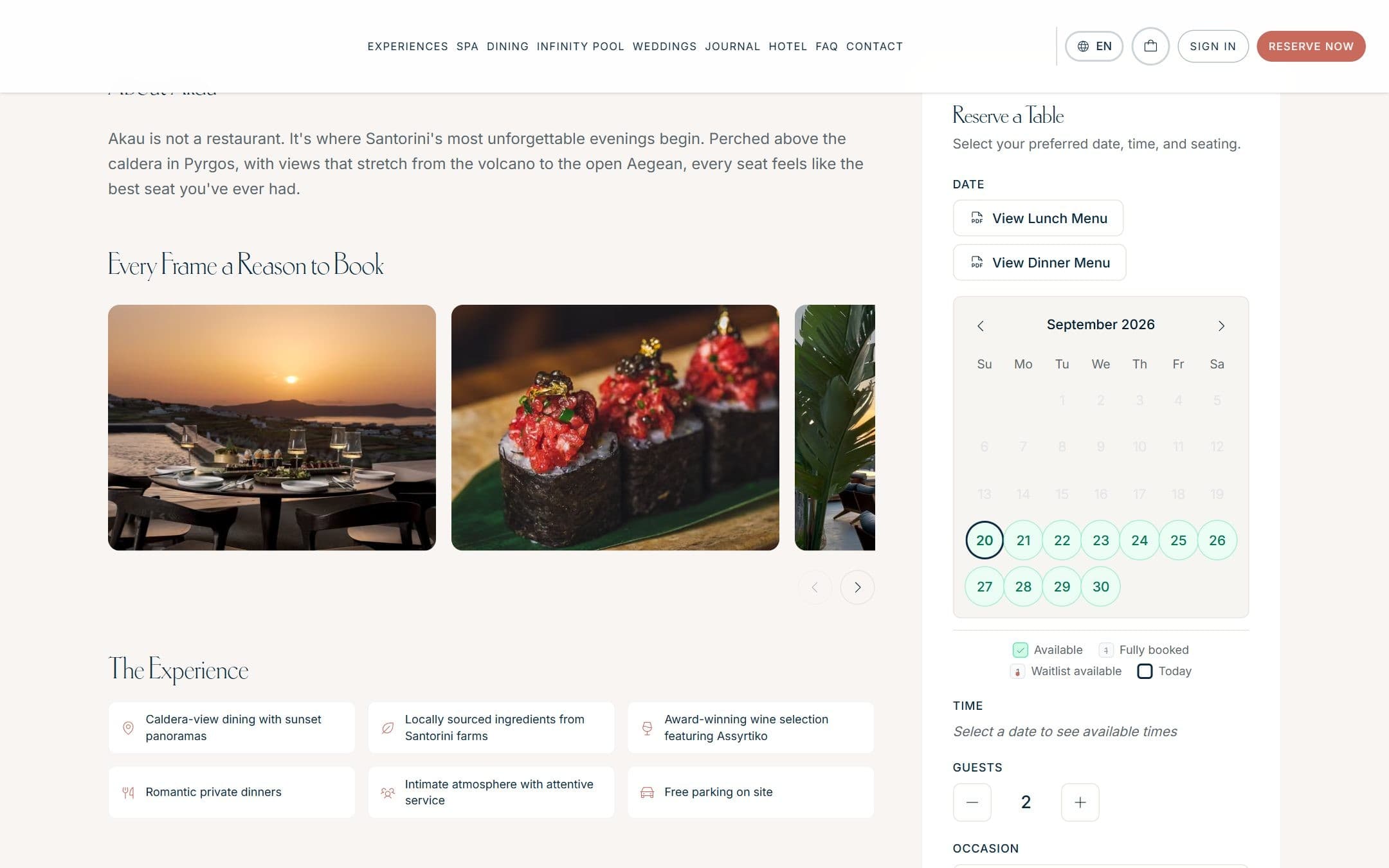 The Akau restaurant page with a Reserve a Table panel: menus, calendar, time and guest count.