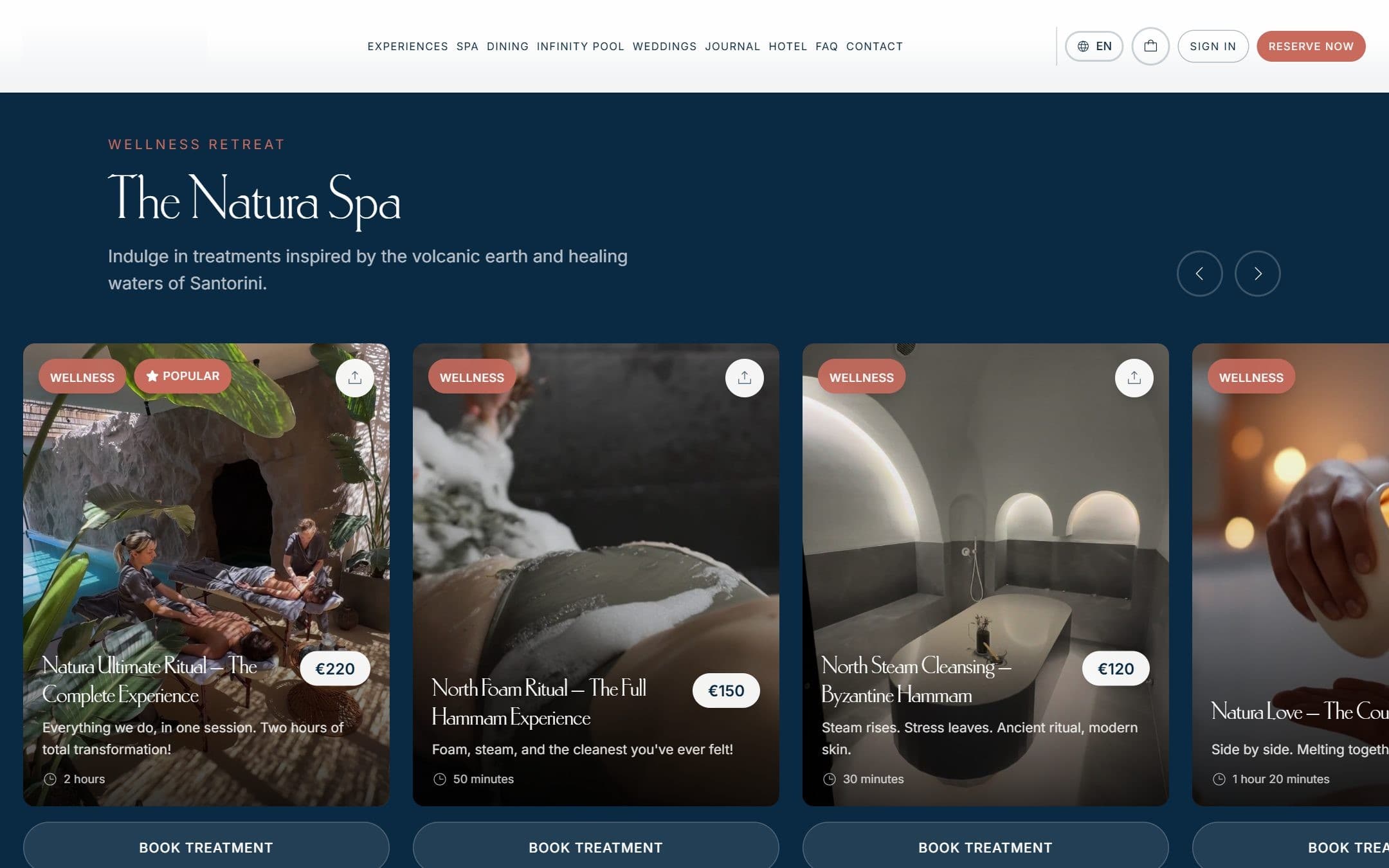 The Natura Spa section: treatment cards with prices and durations and a Book Treatment button under each.