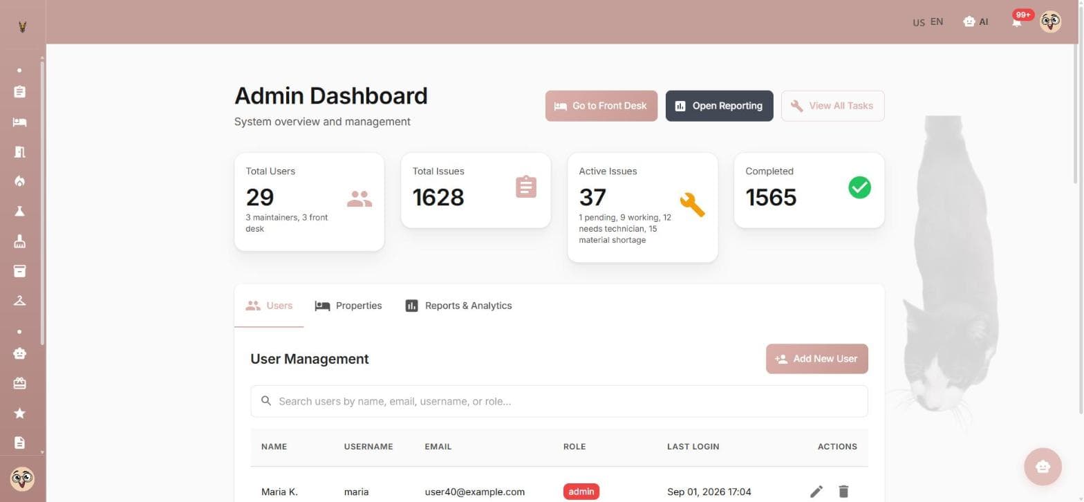 The admin dashboard with system totals and a user management table.