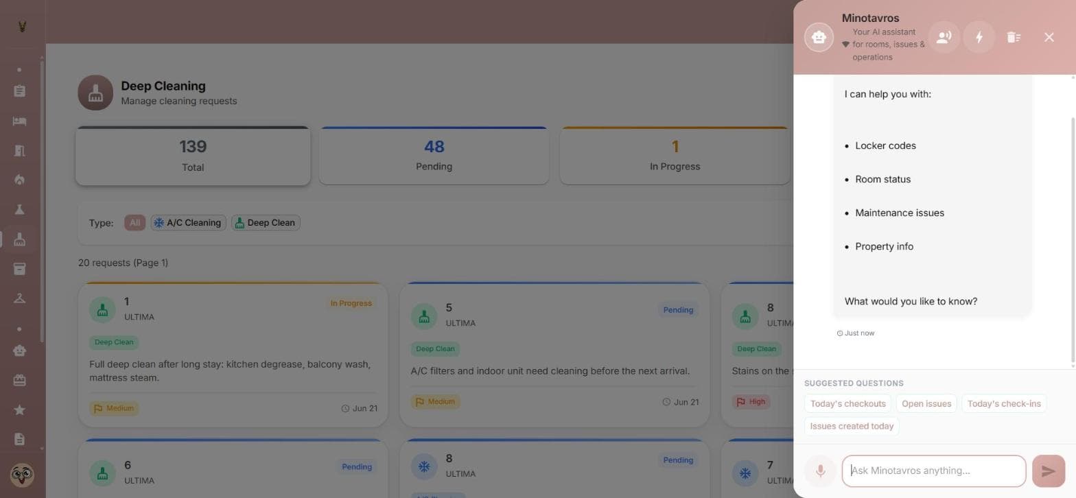 The AI assistant drawer offering help with locker codes, room status, maintenance issues and property info.