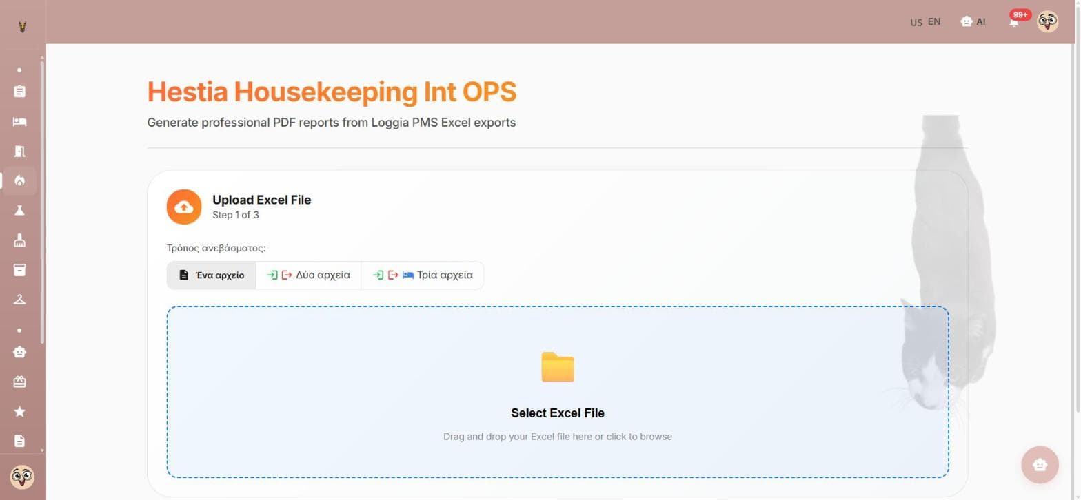 The Hestia upload step with a drag and drop area for the PMS Excel export and a choice of one, two or three files.