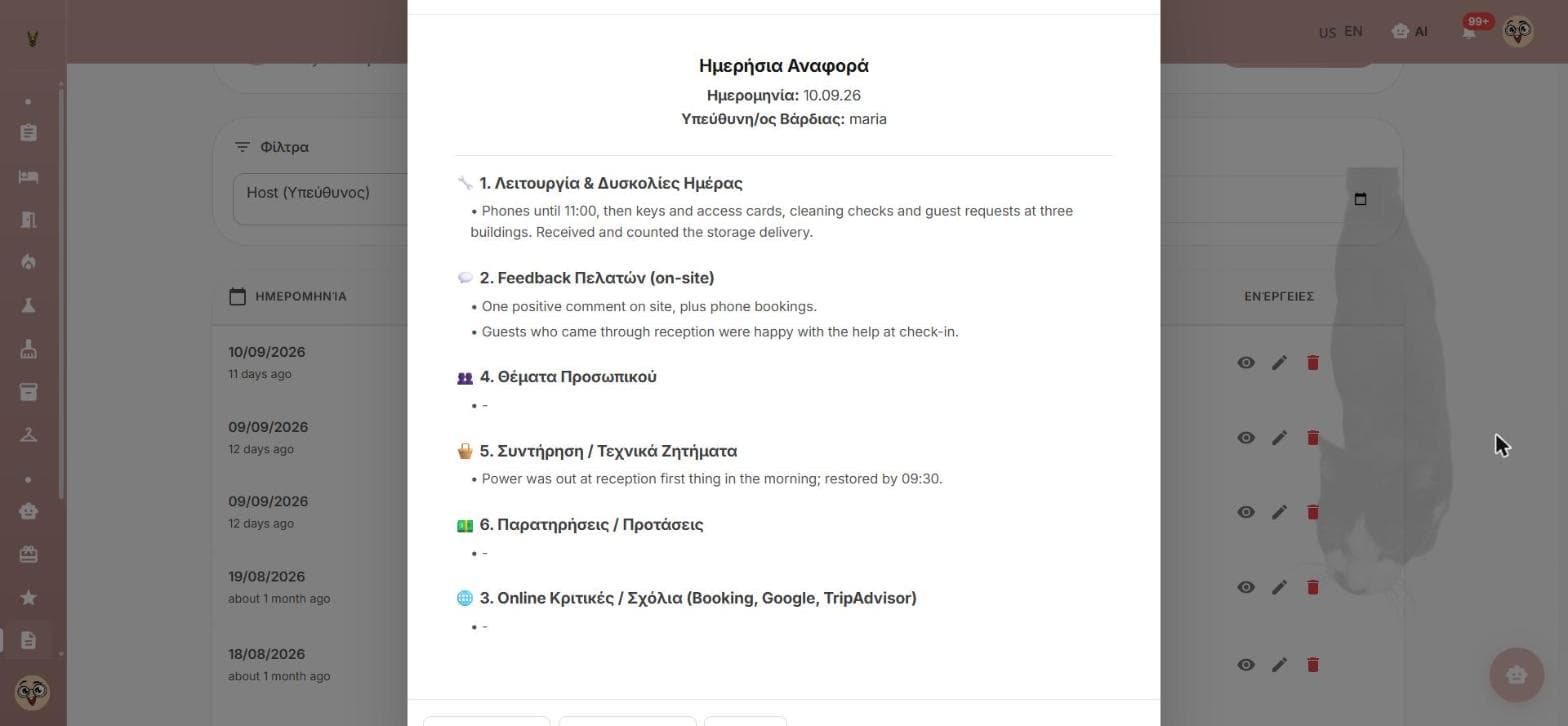 A daily shift report with sections for operations, guest feedback, staff, maintenance, suggestions and online reviews.